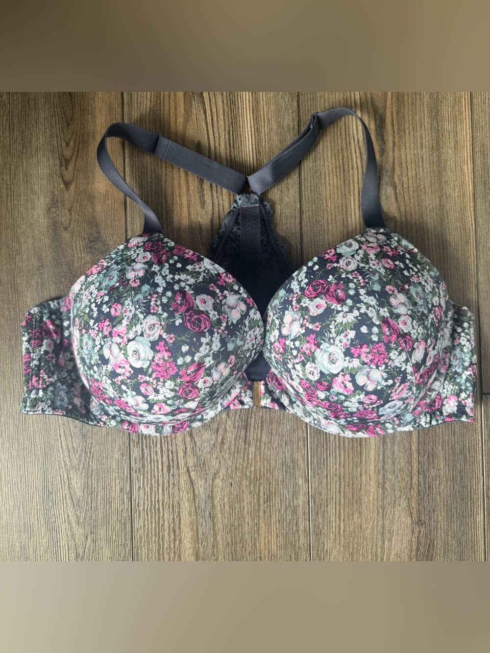 CACIQUE Floral Padded Lace Back Bra - Gray Boost Plunge 44D